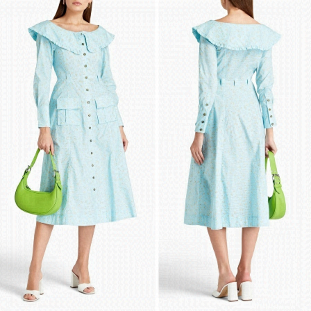 Ganni Blue and Yellow Floral Frilled Collar Organic  Cotton Poplin Dress US 8/10